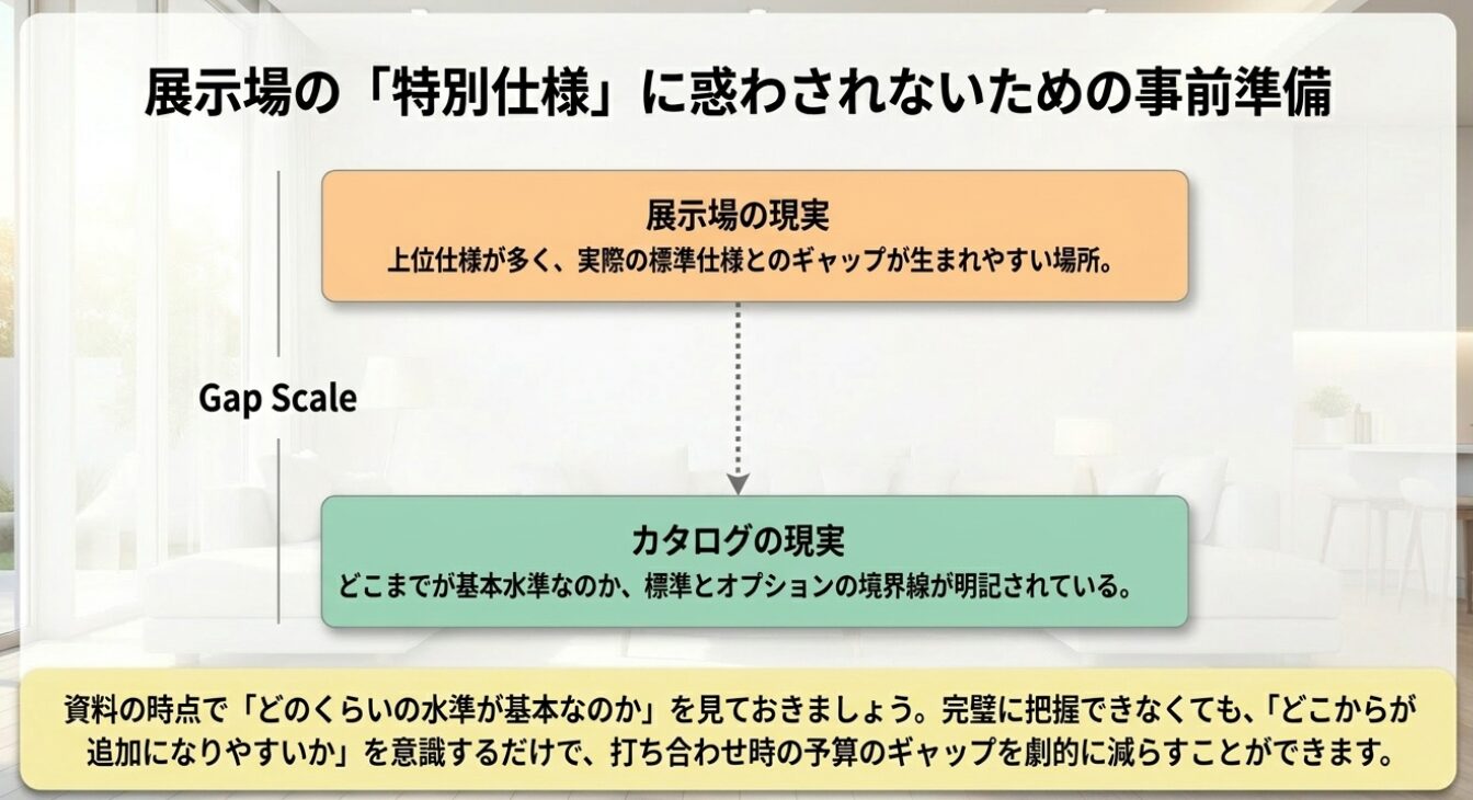 画像タイトル: 展示場の特別仕様に惑わされないための準備 代替テキスト: 展示場は上位仕様が多く、カタログでは基本水準や標準とオプションの境界を確認しておくべきだと示した事前準備の図