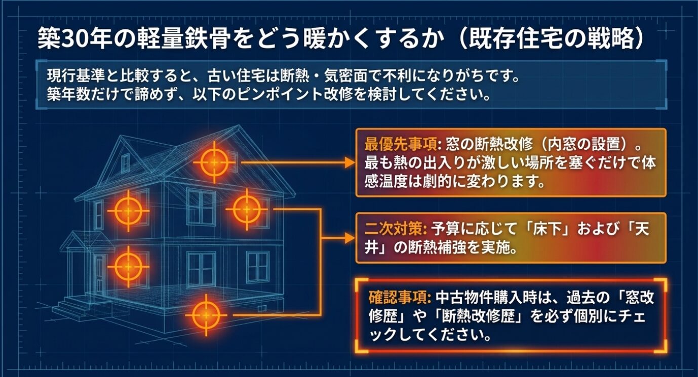 画像タイトル: 既存住宅のピンポイント断熱改修 代替テキスト: 築年数の古い既存住宅に対する窓の断熱改修や床下・天井の補強ポイントを示す図解