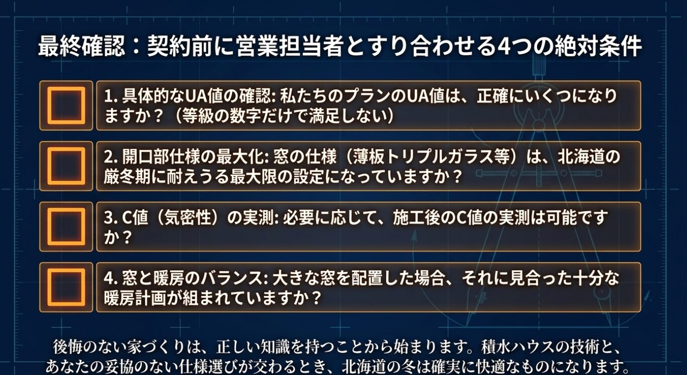 画像タイトル: 契約前に確認すべき4つの条件 代替テキスト: UA値の確認、開口部仕様の最大化、C値の実測、窓と暖房のバランスという契約前の4つの確認事項