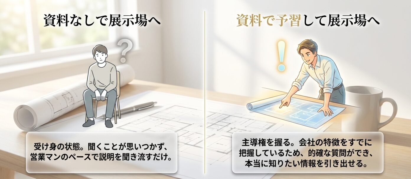 画像タイトル: 資料で予習すると展示場での質問が変わる 代替テキスト: 資料なしでは受け身になりやすく、資料で予習してから展示場へ行くと主導権を持って的確な質問ができることを示した比較スライド