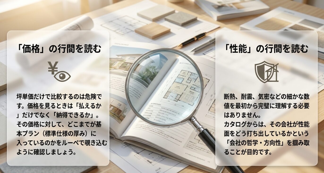 画像タイトル: 価格と性能をカタログで読み解く視点 代替テキスト: 価格は標準仕様の厚みまで見て判断し、性能は細かな数値より会社の打ち出し方や方向性を読むべきだと示したスライド