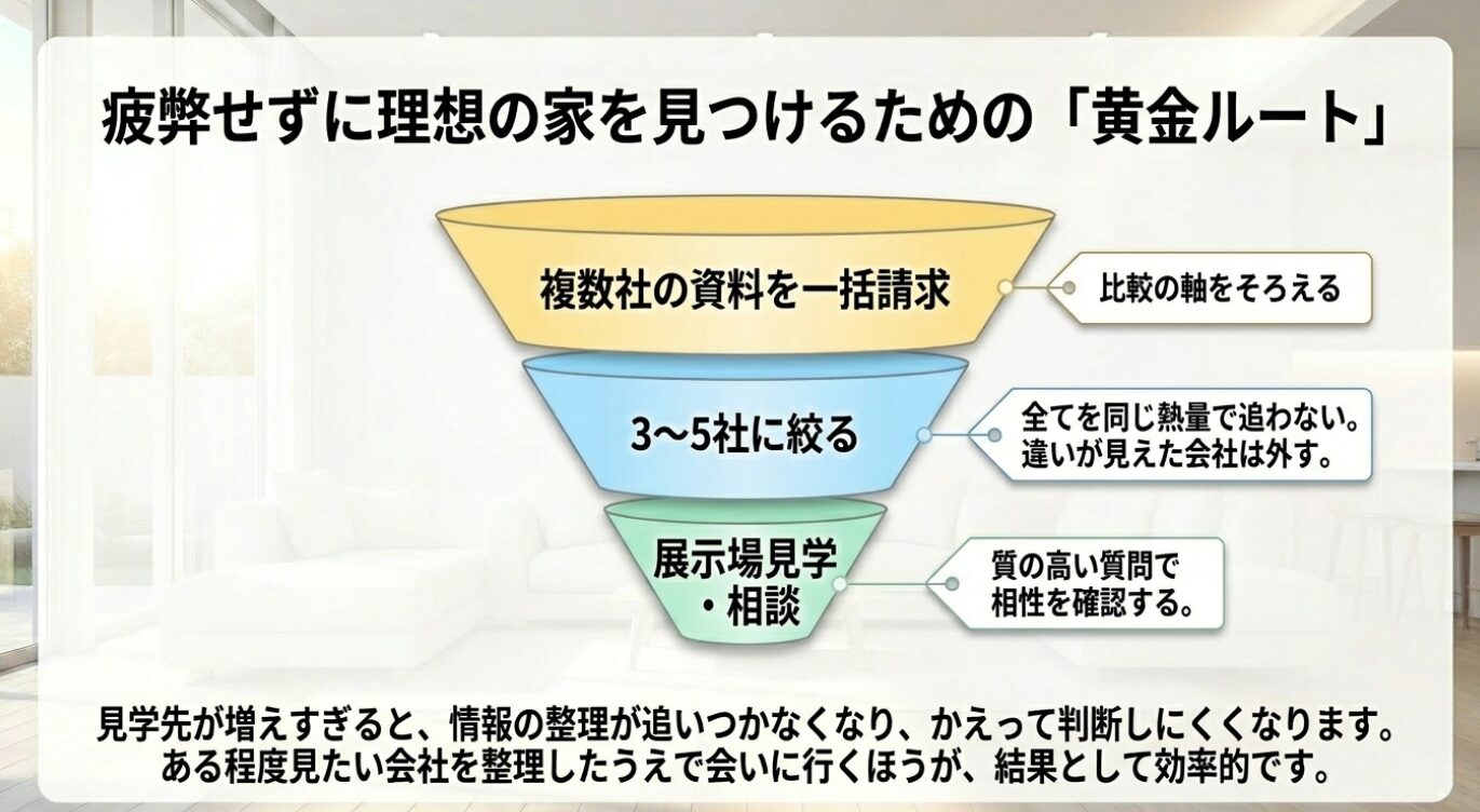 画像タイトル: 一括請求から3〜5社に絞る比較の黄金ルート 代替テキスト: 複数社の資料を一括請求し、3〜5社に絞ってから展示場見学や相談へ進む効率的な比較手順を示したファネル図