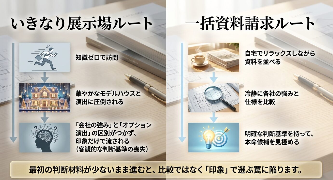 画像タイトル: 展示場直行と一括資料請求の違い 代替テキスト: 知識ゼロで展示場へ行く流れと、自宅で資料を並べて冷静に比較する流れを左右で対比した比較ルートの図