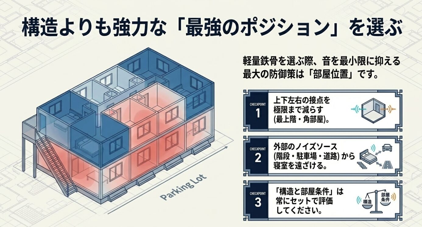 画像タイトル: 防音に有利な部屋の位置選び 代替テキスト: 最上階や角部屋など、上下左右の接点が少なく外部のノイズから遠い部屋を選ぶポイントの図解