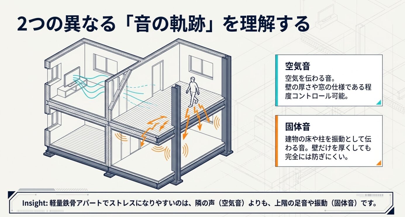 画像タイトル: 木造・軽量鉄骨・重量鉄骨・RC造の防音性比較 代替テキスト: 木造、軽量鉄骨、重量鉄骨、RC造それぞれの防音性能の傾向と注意点をまとめた比較表