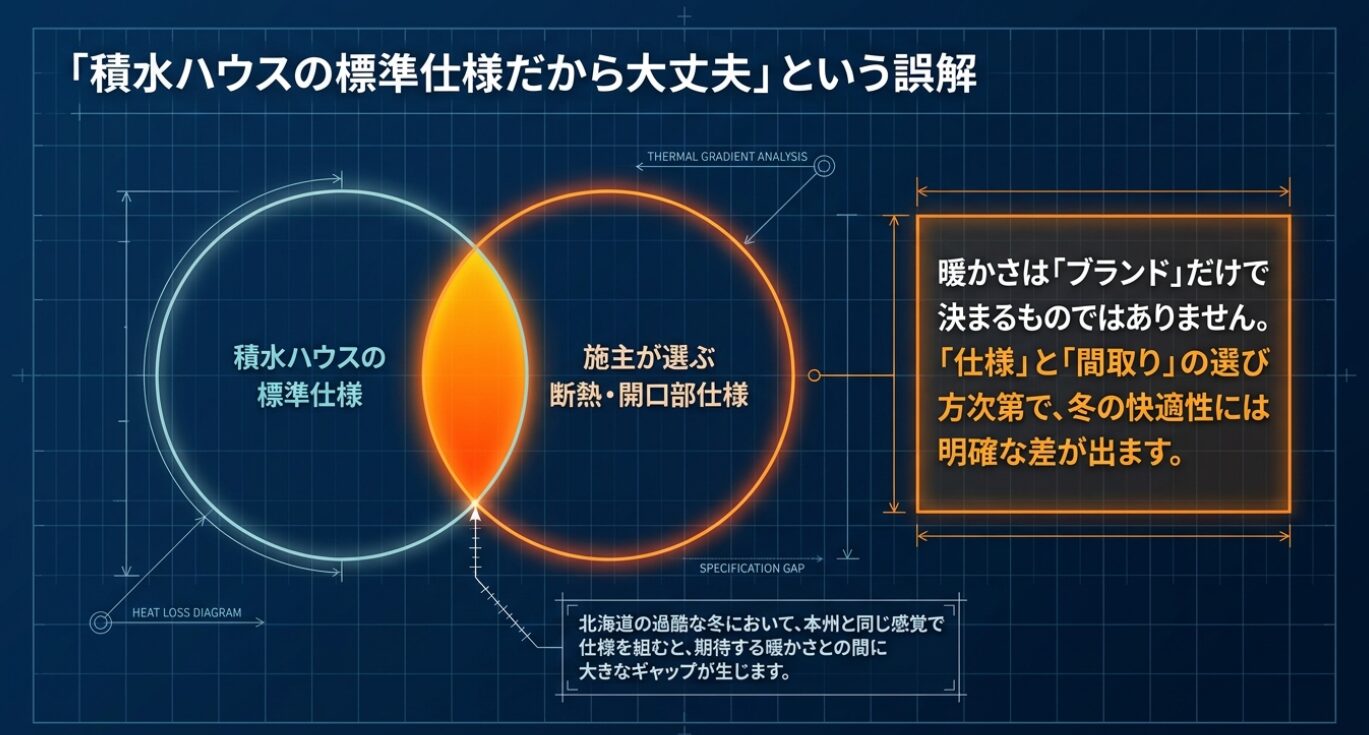 画像タイトル: 標準仕様と期待する暖かさのギャップ 代替テキスト: 標準仕様と施主が選ぶ断熱仕様の間に生じる、冬の快適性のギャップを示すベン図