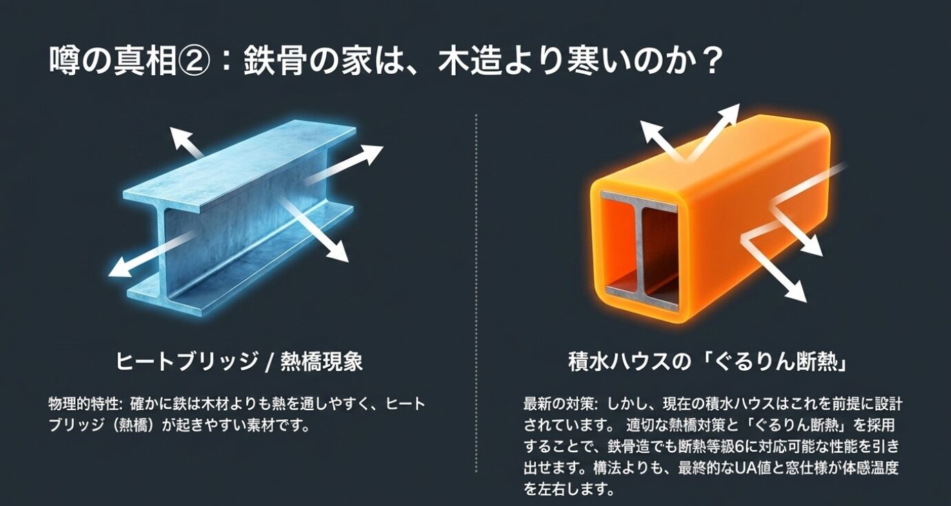 画像タイトル: 鉄骨造のヒートブリッジ現象と対策 代替テキスト: 鉄骨と木材の熱伝導率の違いによるヒートブリッジ現象と、ぐるりん断熱による対策イメージ