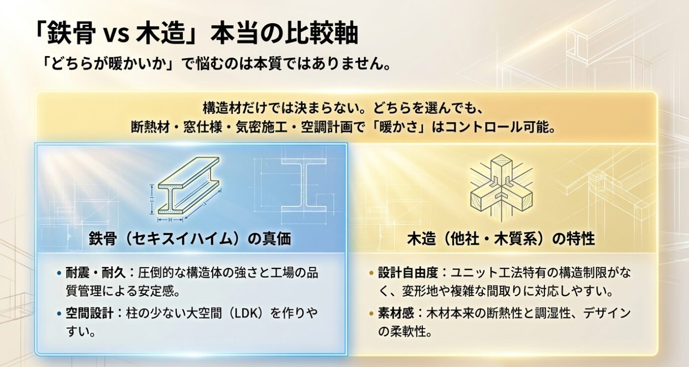 画像タイトル: 「鉄骨 vs 木造」本当の比較軸 代替テキスト: 鉄骨と木造のどちらが暖かいかではなく、耐震・耐久・空間設計と設計自由度・素材感などそれぞれの特性をまとめた比較軸