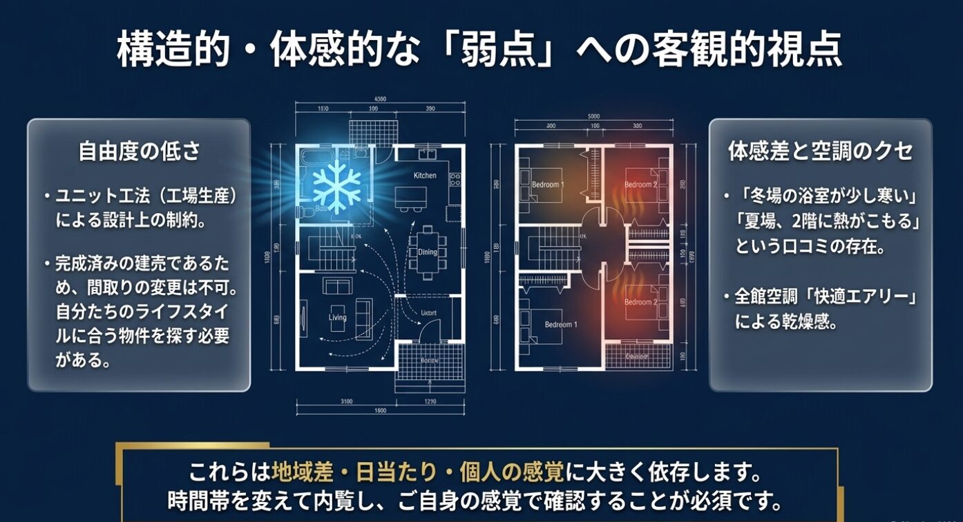 画像タイトル: 構造的・体感的な弱点への視点 代替テキスト: ユニット工法の制約や空調の体感差など弱点の客観的まとめ