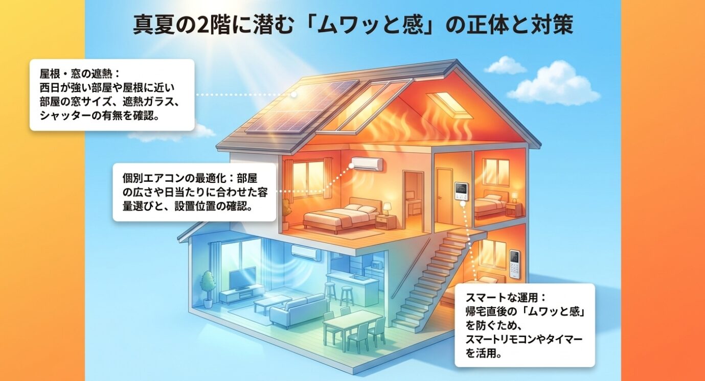 画像タイトル: 夏の2階の熱ごもり対策 代替テキスト: 屋根や窓の遮熱、個別エアコンの最適化、スマートリモコンなどを活用した夏の熱ごもり対策