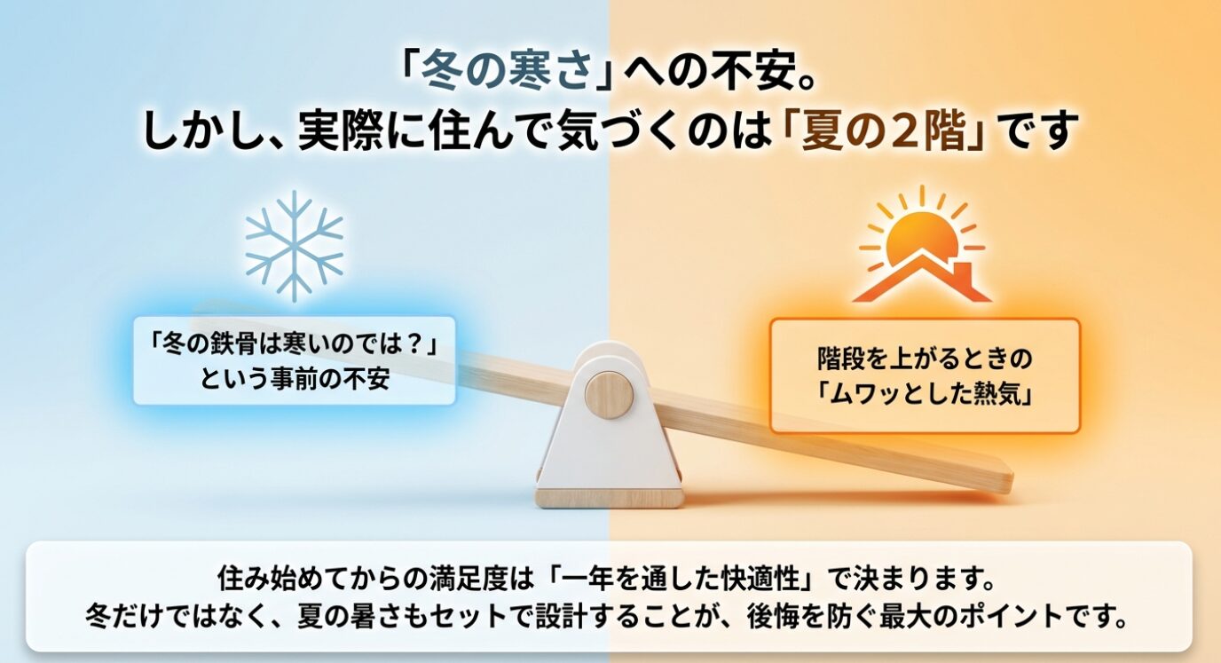 画像タイトル: 住んで気づく「夏の2階」の熱ごもり 代替テキスト: 冬の寒さへの不安だけでなく、夏の2階の階段を上がるときのムワッとした熱気への注意喚起を示す図