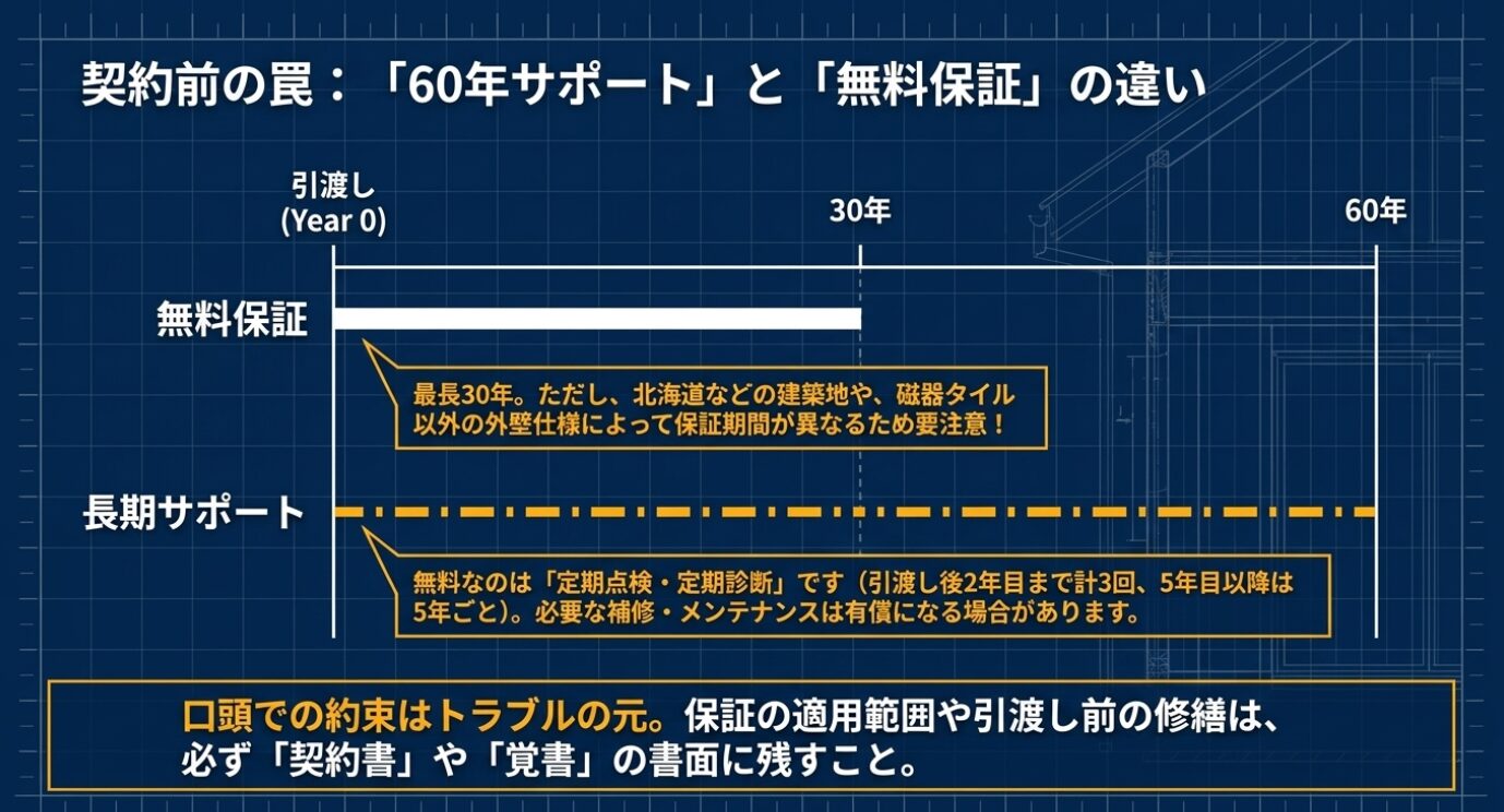 画像タイトル: サポートと無料保証の違い 代替テキスト: 60年間の長期サポートと最長30年の無料保証の違いを示すタイムライン図解