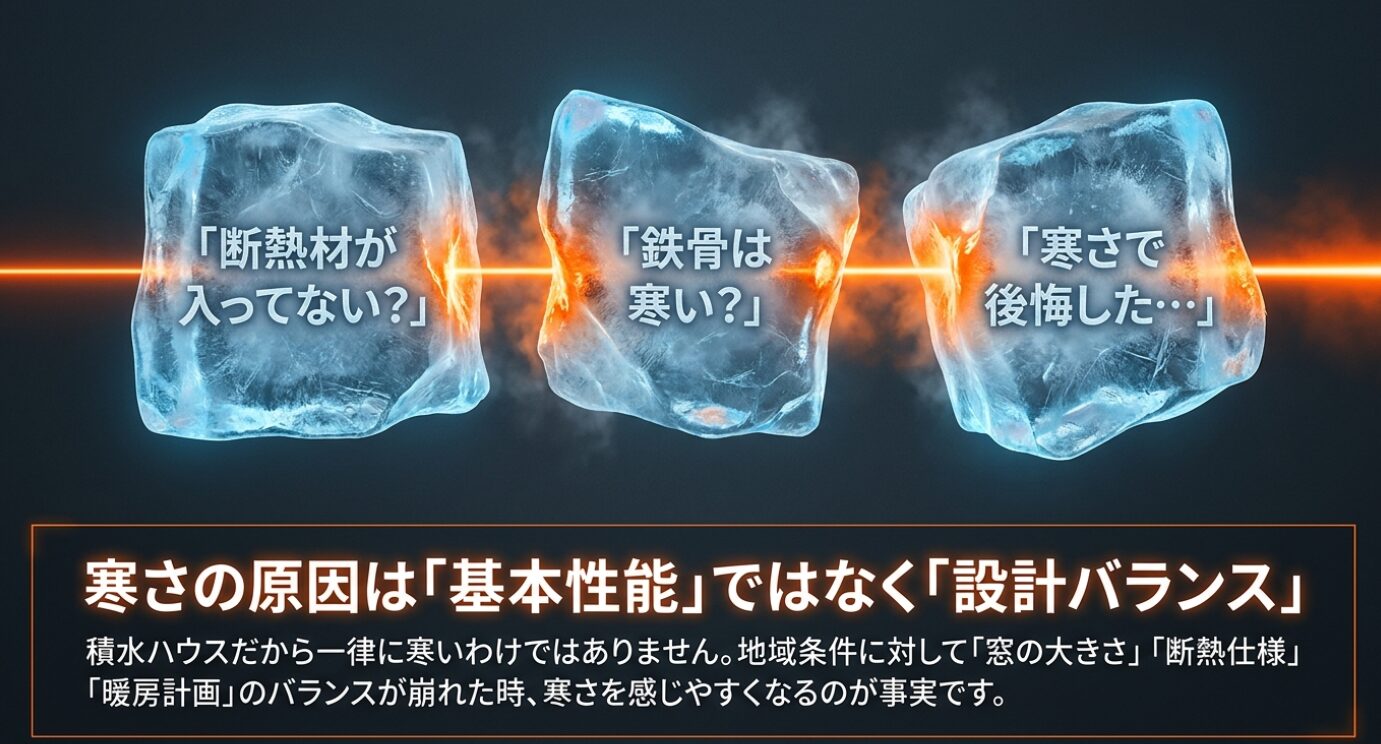 画像タイトル: 寒さの原因は設計バランス 代替テキスト: 寒さの原因は基本性能ではなく、窓の大きさ、断熱仕様、暖房計画の設計バランスの崩れであるという説明図