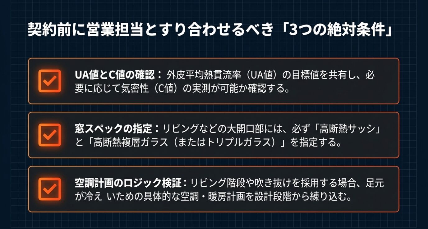 画像タイトル: 契約前にすり合わせるべき3つの絶対条件 代替テキスト: UA値とC値の確認、窓スペックの指定、空調計画のロジック検証という契約前の3つの確認事項