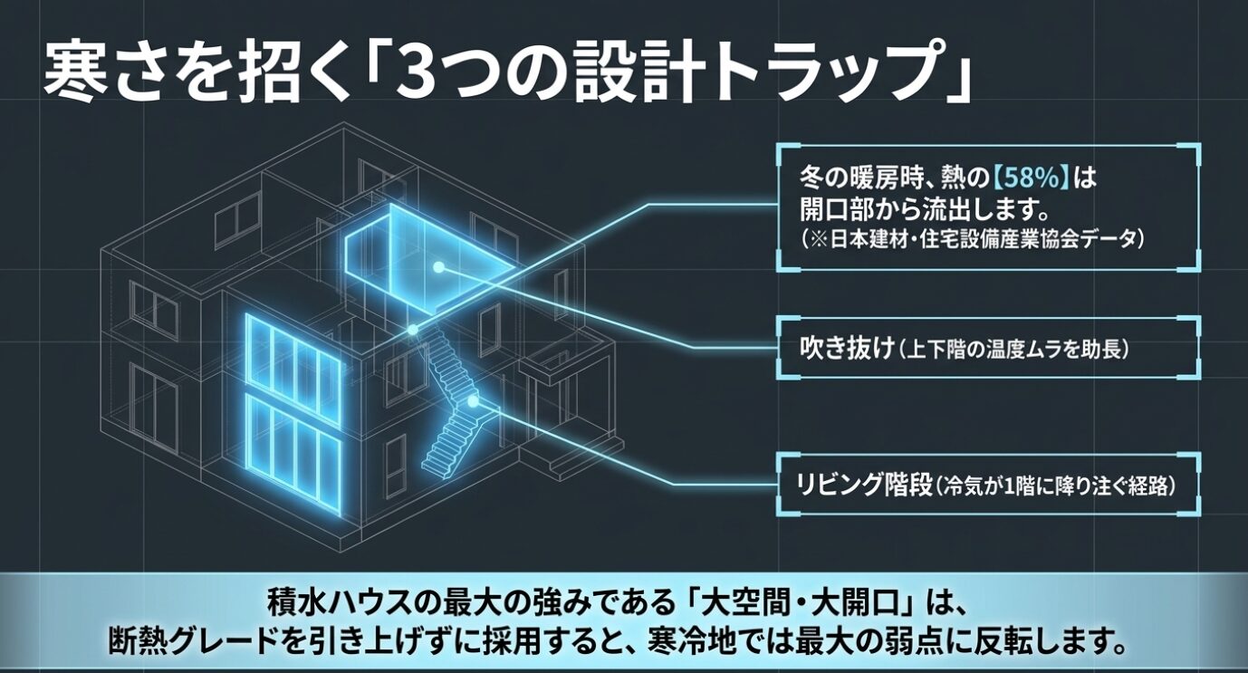 画像タイトル: 寒さを招く3つの設計トラップ 代替テキスト: 開口部からの熱流出、上下階の温度ムラを助長する吹き抜け、冷気が降り注ぐリビング階段の3つの設計トラップを図解