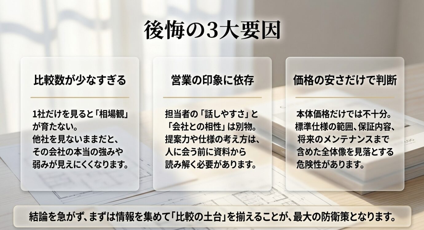 画像タイトル: 家づくりで後悔しやすい3つの要因 代替テキスト: 比較数の少なさ、営業印象への依存、価格の安さだけでの判断という後悔につながりやすい3要因を整理したスライド