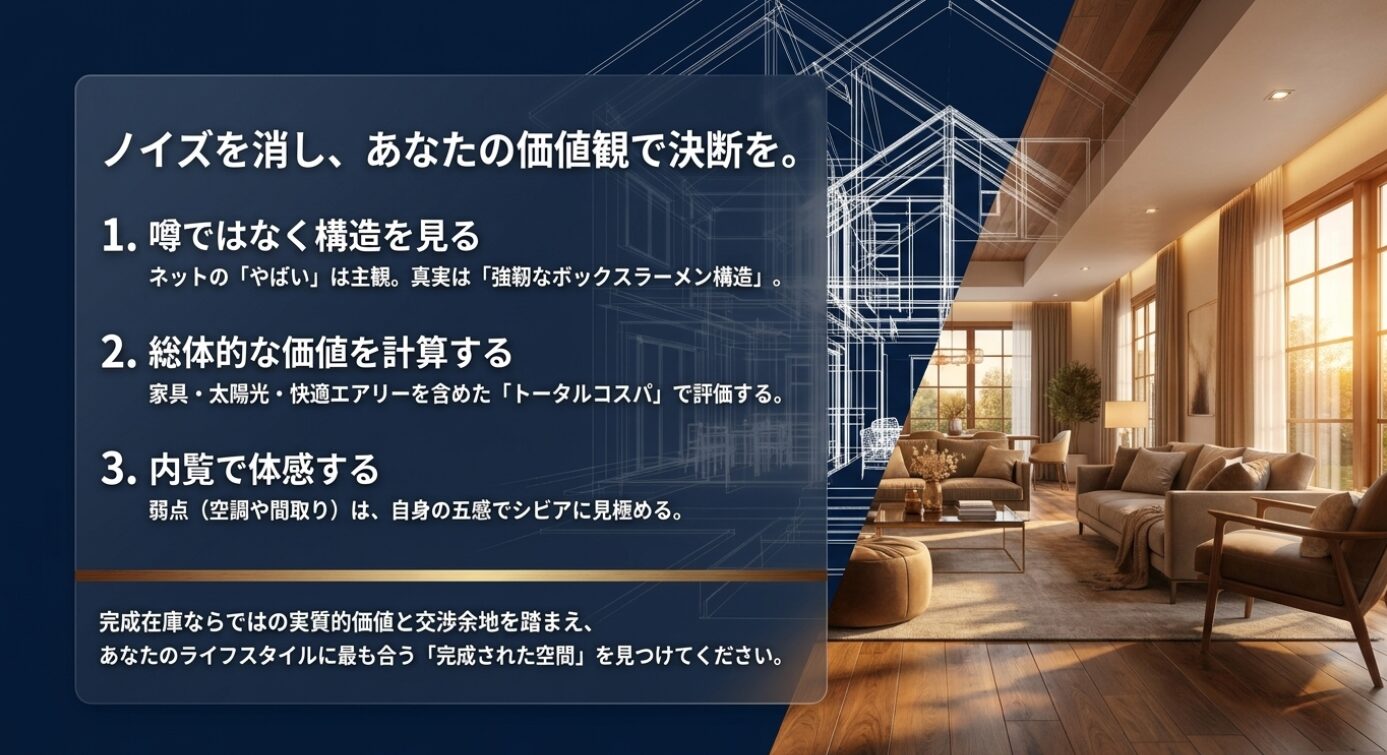 画像タイトル: 価値観で決断するポイント 代替テキスト: 噂ではなく構造や総体的な価値で決断するためのまとめ