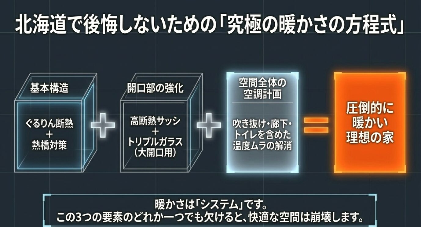 画像タイトル: 北海道で後悔しない究極の暖かさの方程式 代替テキスト: ぐるりん断熱、高断熱サッシとトリプルガラス、空間全体の空調計画の3つを掛け合わせた究極の暖かさの方程式
