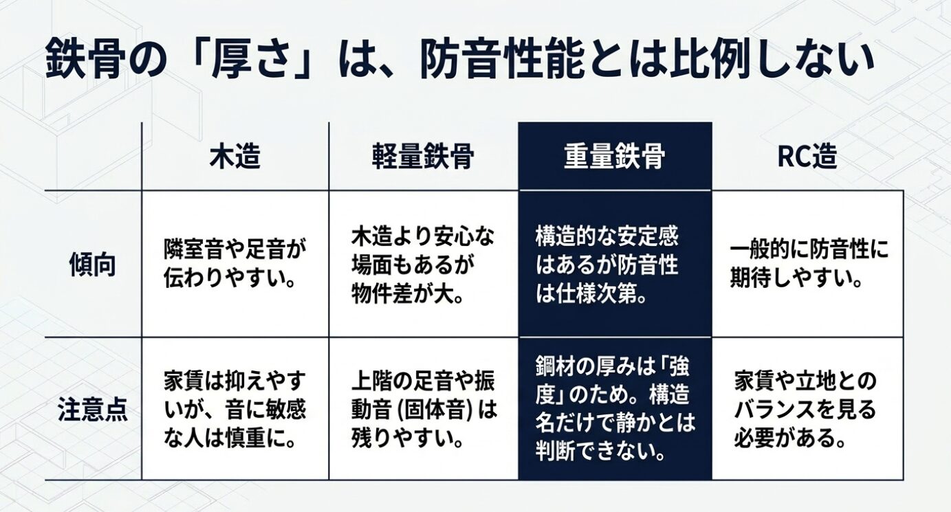 画像タイトル: 鉄骨住宅の防音・遮音仕様の仕組み 代替テキスト: 床、遮音間仕切り、排水管、外壁、開口部など、建物の防音・遮音仕様を示した住宅構造の図解