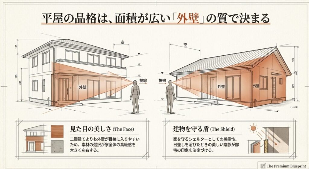 画像タイトル: 平屋の外壁の役割と視線
代替テキスト: 二階建てと平屋の外壁面積の比較と、外壁が果たす「見た目の美しさ」と「建物を守る盾」としての役割を示す図