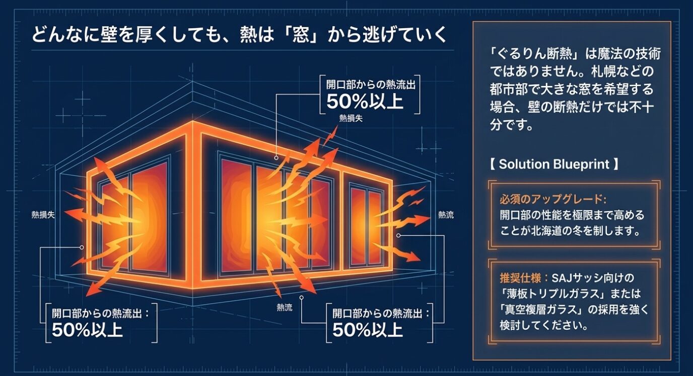 画像タイトル: 開口部からの熱流出と窓の重要性 代替テキスト: どんなに壁を厚くしても開口部から50%以上の熱が逃げていくことを示す熱損失の図解