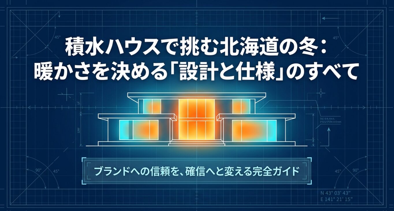 画像タイトル: 北海道の冬に挑む設計と仕様 代替テキスト: 北海道の冬における暖かさを決める設計と仕様の完全ガイドの表紙スライド