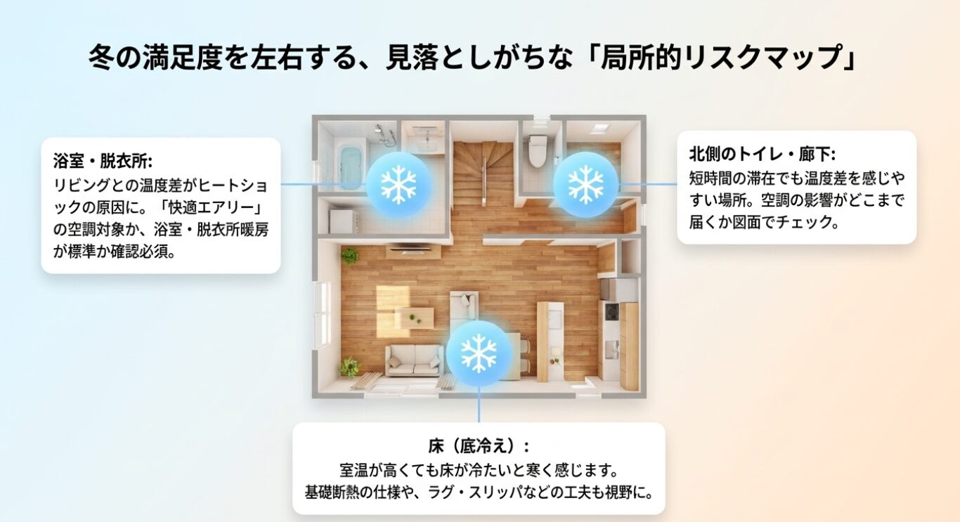 画像タイトル: 冬の満足度を左右する局所的リスクマップ 代替テキスト: 浴室・脱衣所のヒートショック、床の底冷え、北側のトイレ・廊下の温度差を示すリスクマップ