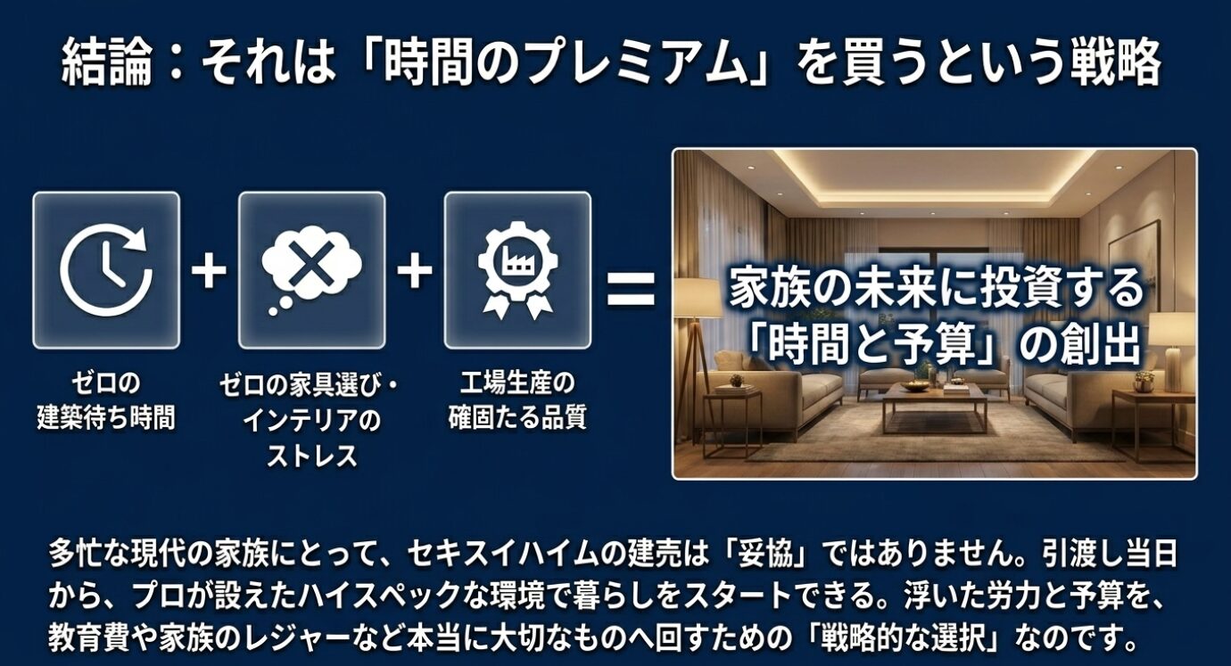 画像タイトル: 時間のプレミアムを買う戦略 代替テキスト: 建築待ち時間と家具選びストレスがゼロになることの価値