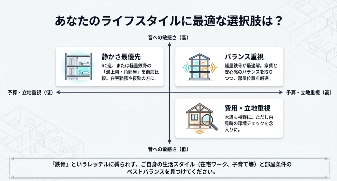画像タイトル: ライフスタイル別おすすめの建物構造 代替テキスト: 音への敏感さと予算・立地重視の度合いから、RC造、軽量鉄骨、木造のどれが適しているかを示すマトリクス図