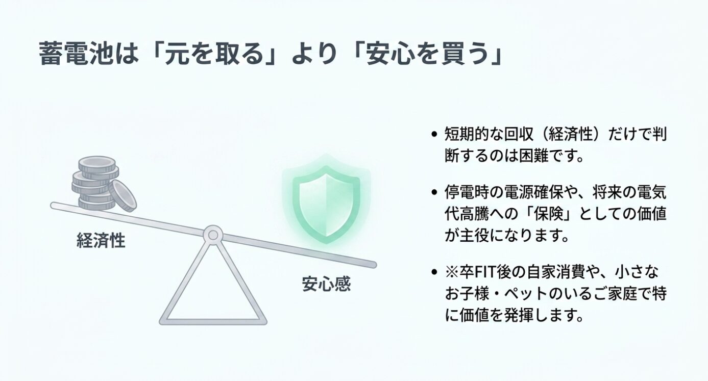 画像タイトル: 蓄電池は経済性より安心感を重視して考える 代替テキスト: 蓄電池について、短期的な経済性だけで判断せず、停電時の電源確保や将来の電気代高騰への保険としての安心感を重視する考え方を示したスライド