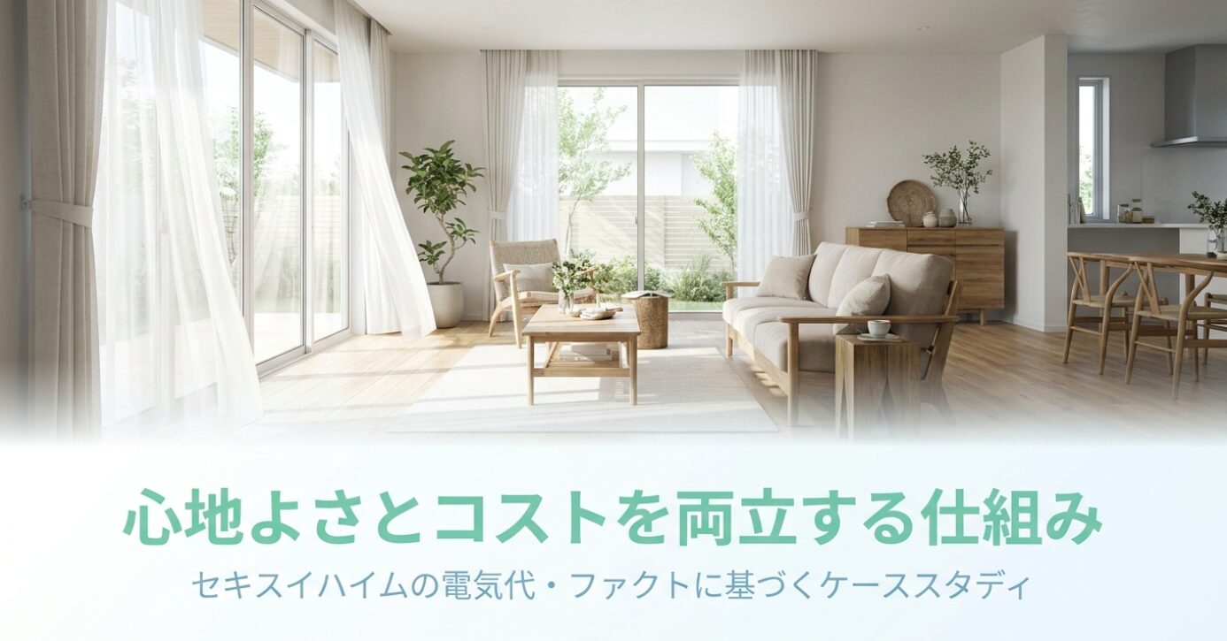 画像タイトル: 心地よさとコストを両立する仕組みを示す導入スライド 代替テキスト: 明るいリビングを背景に、心地よさとコストを両立する仕組みとして、セキスイハイムの電気代をファクトに基づいて整理する導入スライド