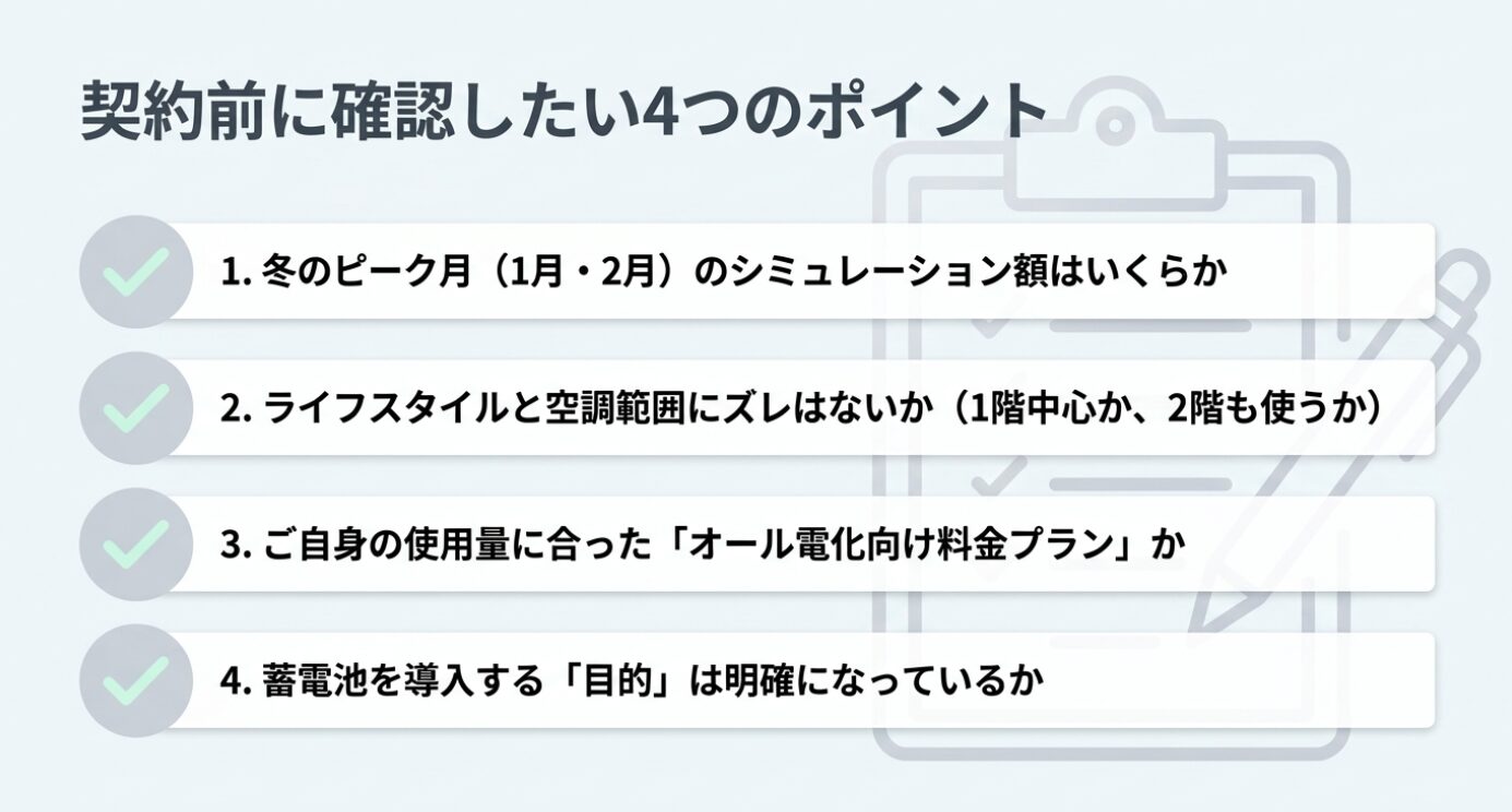 画像タイトル: 契約前に確認したい4つのチェックポイント 代替テキスト: 冬のピーク月のシミュレーション額、ライフスタイルと空調範囲、使用量に合うオール電化向け料金プラン、蓄電池導入の目的を契約前に確認するためのチェックリストスライド