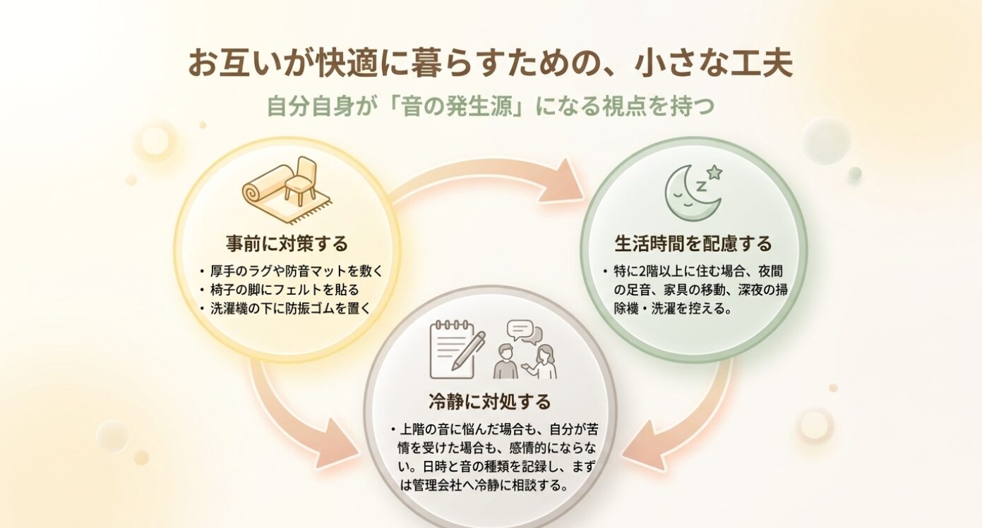 画像タイトル: 生活音を防ぐための小さな工夫 代替テキスト: 防音マットの設置や生活時間への配慮など、自分が騒音の発生源にならないための対策リスト