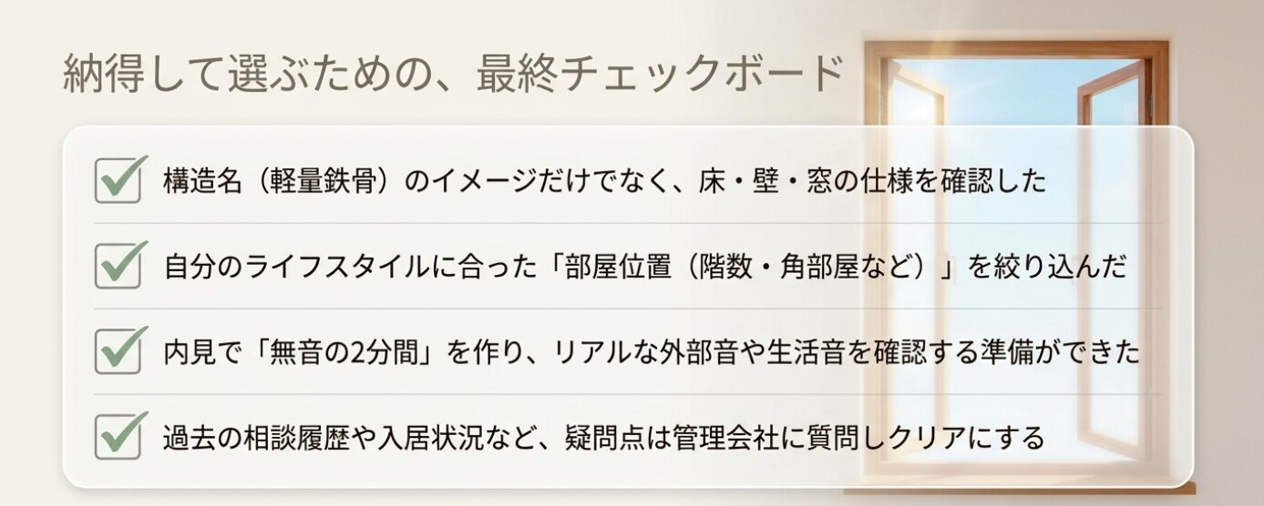 画像タイトル: 納得して選ぶための最終チェックリスト 代替テキスト: 部屋位置の絞り込みや内見時の確認、管理会社への質問など、物件選びの最終確認項目をまとめたチェックボード