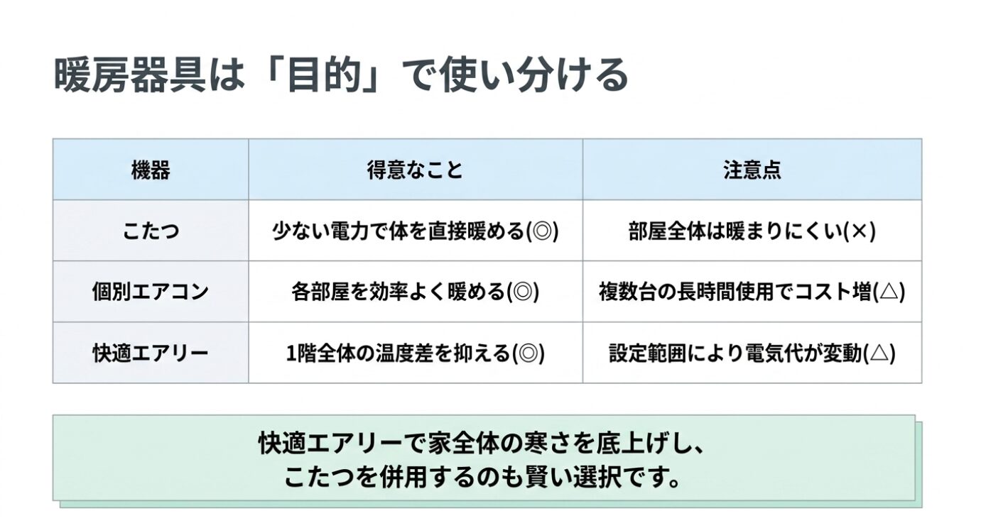 画像タイトル: 暖房器具を目的別に使い分ける考え方 代替テキスト: こたつ、個別エアコン、快適エアリーの得意なことと注意点を比較し、快適エアリーで家全体の寒さを底上げしながらこたつを併用する使い方を示したスライド