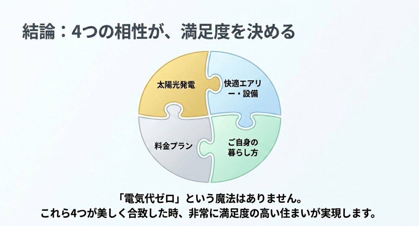 画像タイトル: 4つの相性が住まいの満足度を決める結論スライド 代替テキスト: 太陽光発電、快適エアリー設備、料金プラン、自分の暮らし方という4つの要素が合ったときに満足度の高い住まいが実現することを、パズル図で示した結論スライド