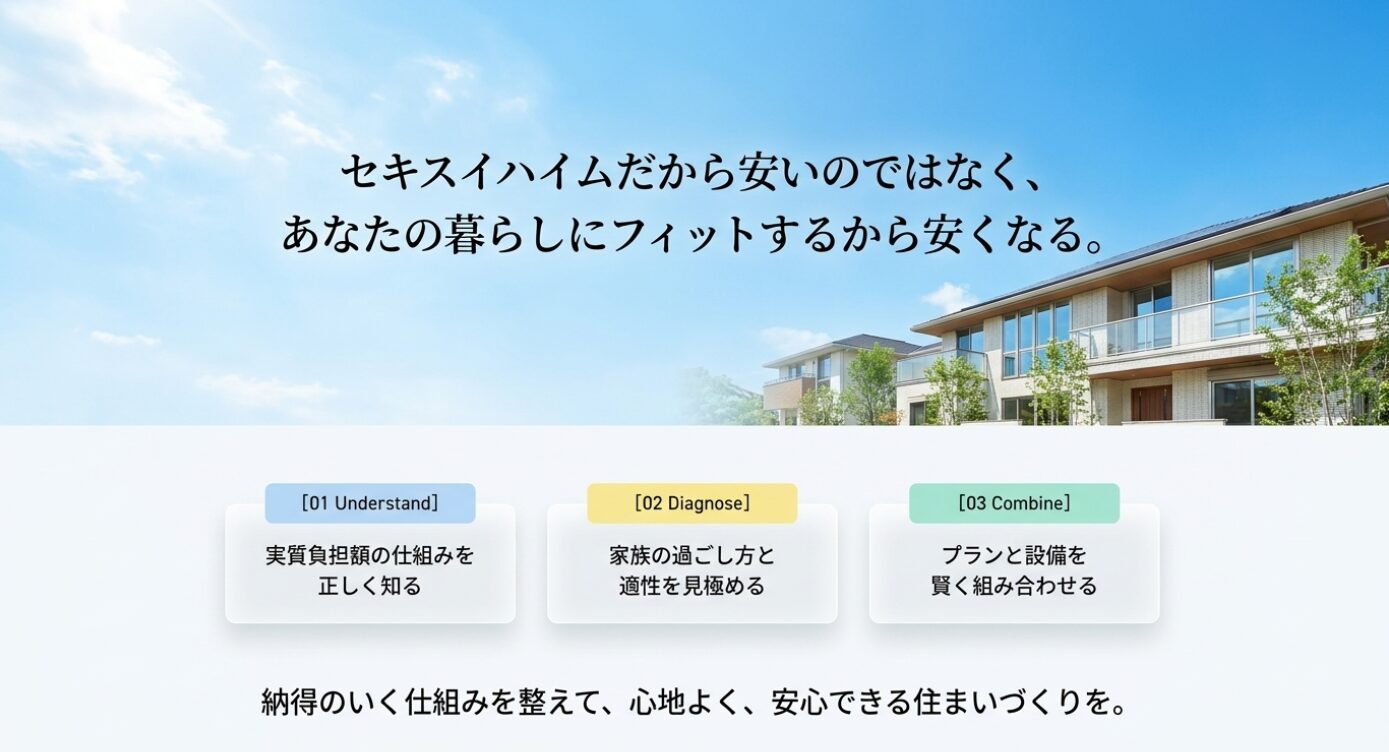 画像タイトル: 暮らしに合う仕組みが電気代の納得感を生む結論スライド 代替テキスト: セキスイハイムだから安いのではなく、自分の暮らしにフィットするから安くなるという結論と、実質負担の理解、適性診断、プランと設備の組み合わせを整理したスライド