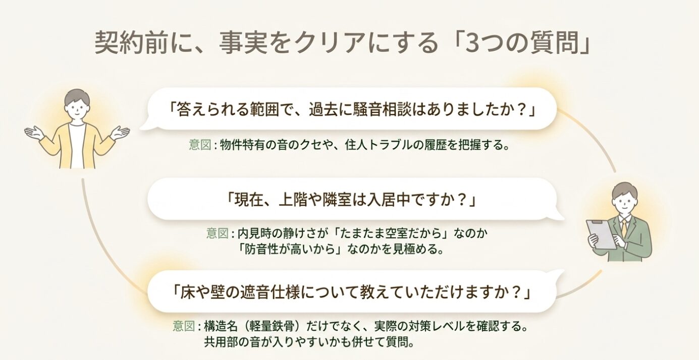 画像タイトル: 契約前に管理会社へ確認すべき3つの質問 代替テキスト: 過去の騒音相談、上階や隣室の入居状況、遮音仕様について管理会社へ質問する意図をまとめたリスト