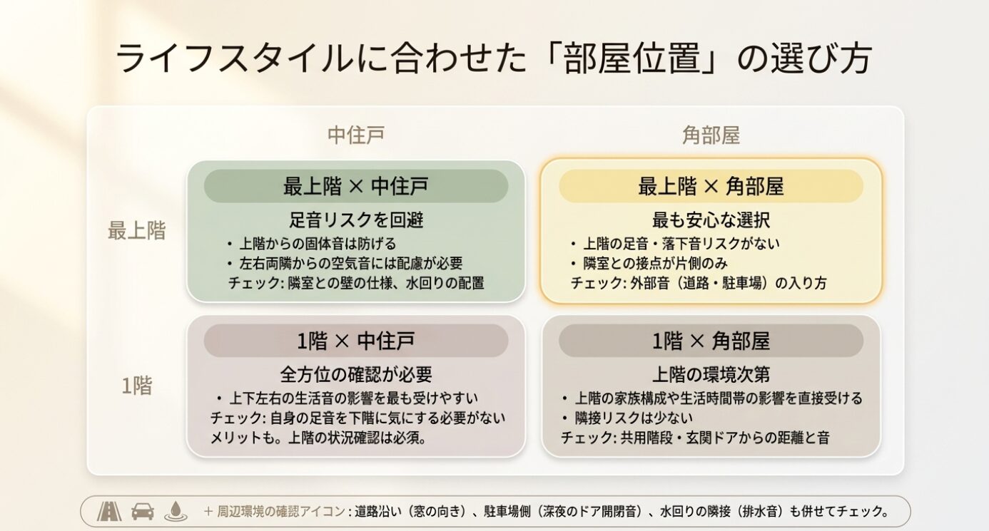 画像タイトル: ライフスタイル別おすすめの部屋位置 代替テキスト: 最上階や1階、角部屋や中住戸など、部屋の位置による足音リスクや外部音の影響の違いをまとめたマトリクス図