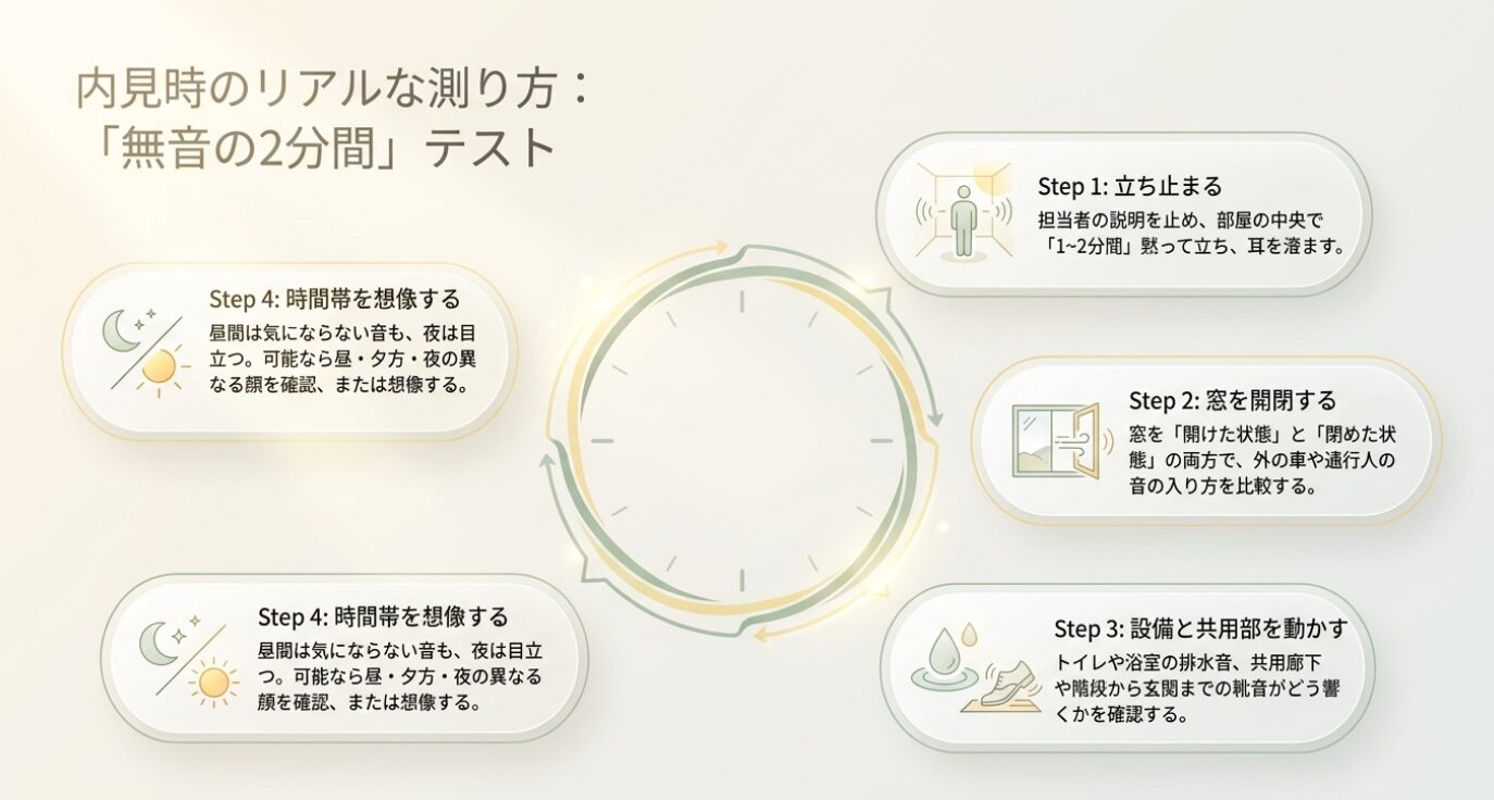 画像タイトル: 内見時の無音の2分間テスト 代替テキスト: 内見時に担当者の説明を止め、窓の開閉や水回りの音などを静かに確認する4つのステップ