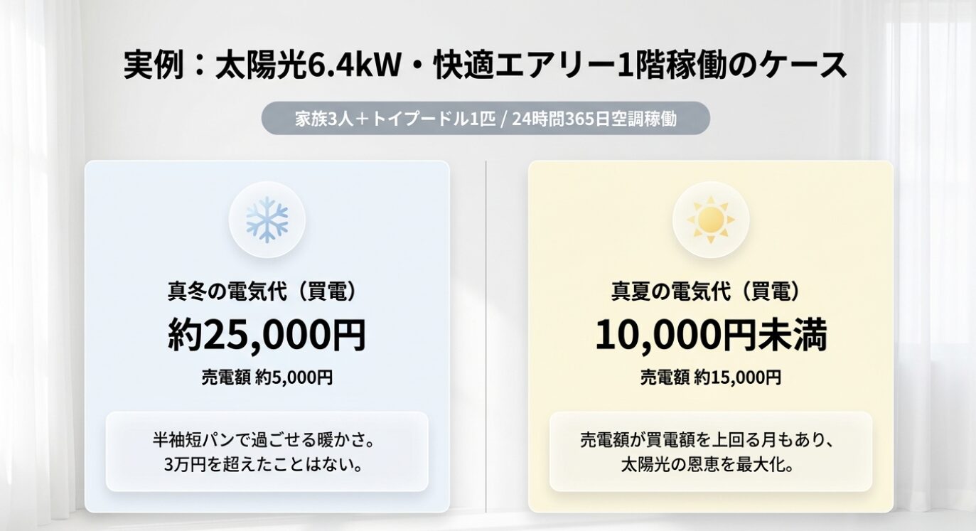 画像タイトル: 太陽光6.4kWと快適エアリー1階稼働の電気代実例 代替テキスト: 家族3人とトイプードル1匹、24時間365日空調稼働の条件で、真冬の電気代約25,000円と売電約5,000円、真夏の電気代10,000円未満と売電約15,000円を示した実例スライド