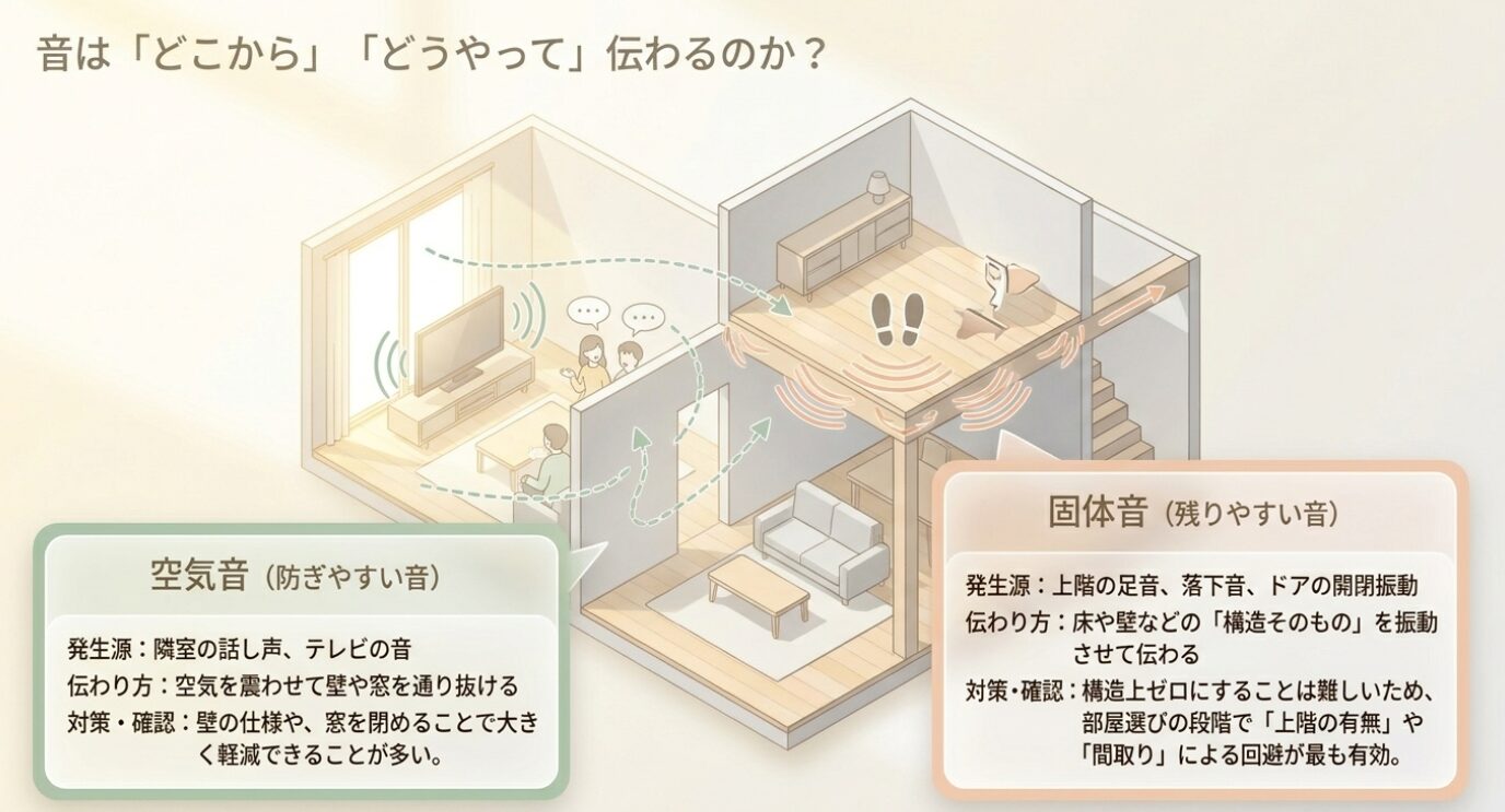 画像タイトル: 空気音と固体音の伝わり方の違い 代替テキスト: 隣室の話し声などの空気音と、上階の足音などの固体音が、それぞれどう伝わりどう対策すべきかを示す図