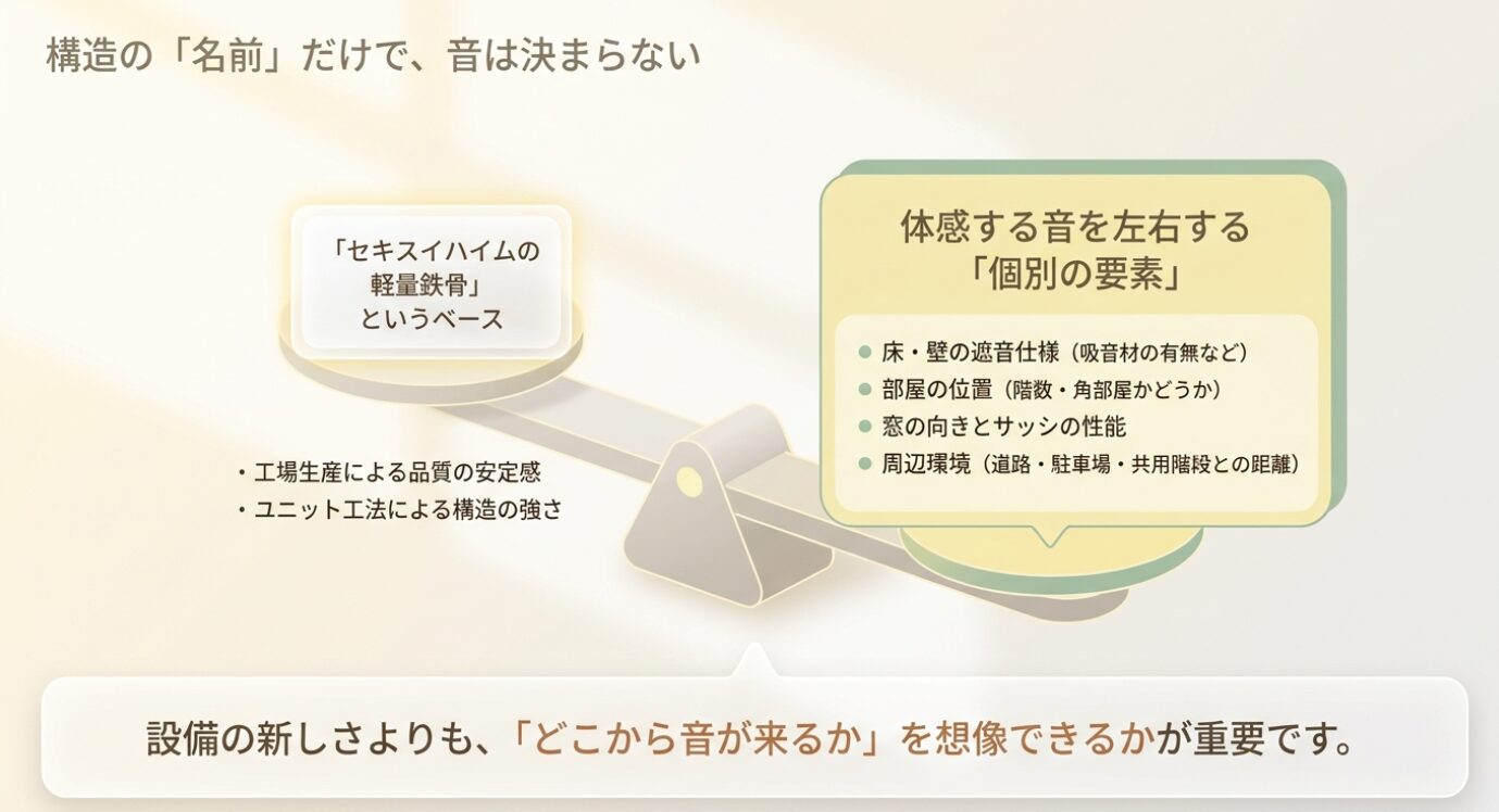 画像タイトル: 構造名だけで音が決まらない理由 代替テキスト: 軽量鉄骨という構造だけでなく床や壁の仕様、部屋位置などの個別要素が音を左右することを示す図