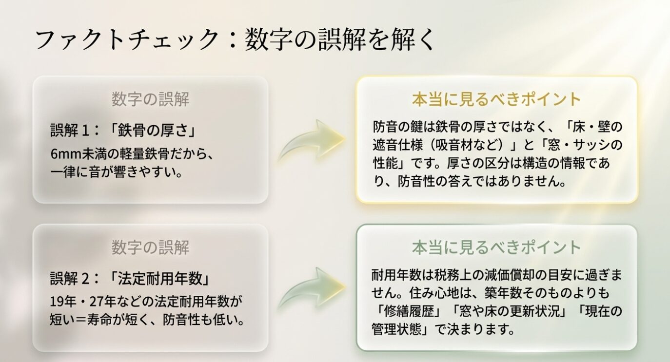 画像タイトル: 鉄骨の厚さと耐用年数に関する誤解 代替テキスト: 鉄骨の厚さや法定耐用年数の数字が、そのまま実際の防音性能や住み心地を示すわけではないことを解説した図