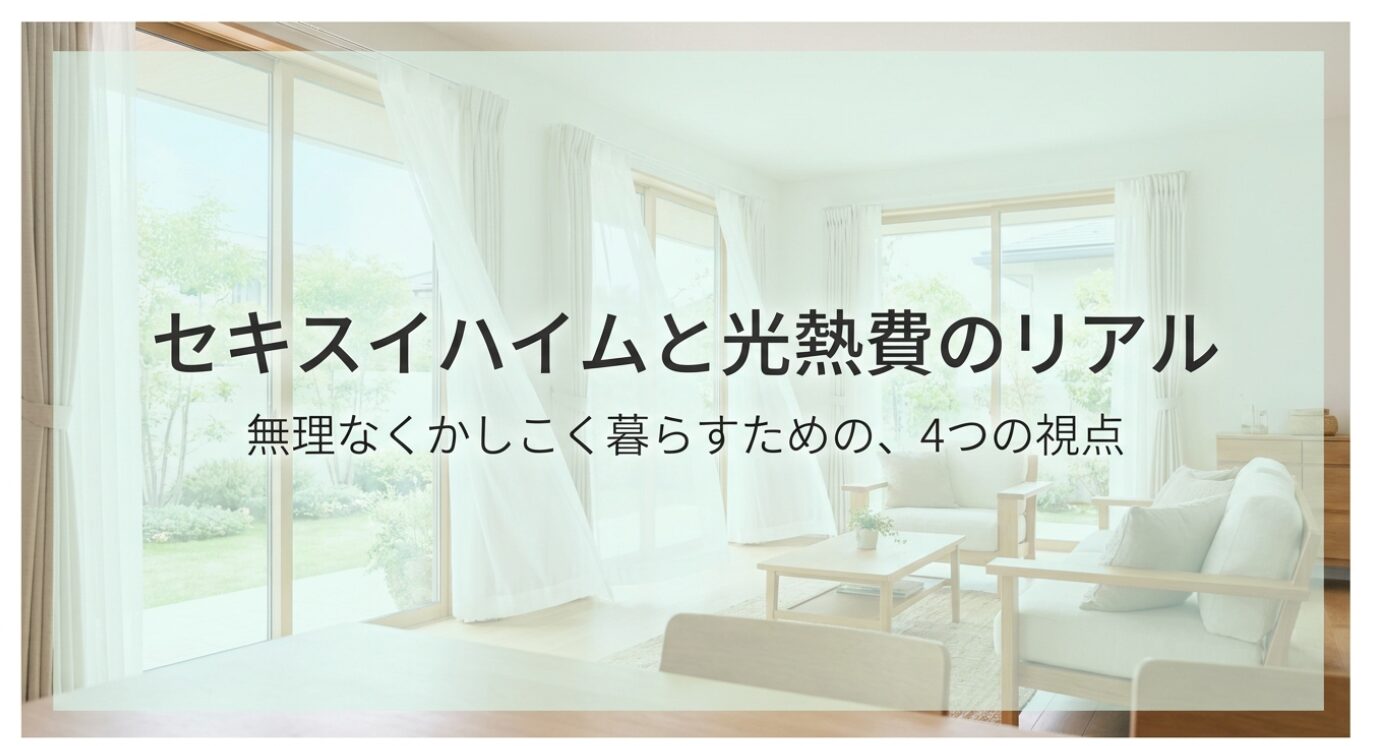 画像タイトル: セキスイハイムと光熱費のリアルを整理する導入スライド 代替テキスト: 明るいリビングの背景に「セキスイハイムと光熱費のリアル」と表示され、無理なくかしこく暮らすための4つの視点を示したタイトルスライド