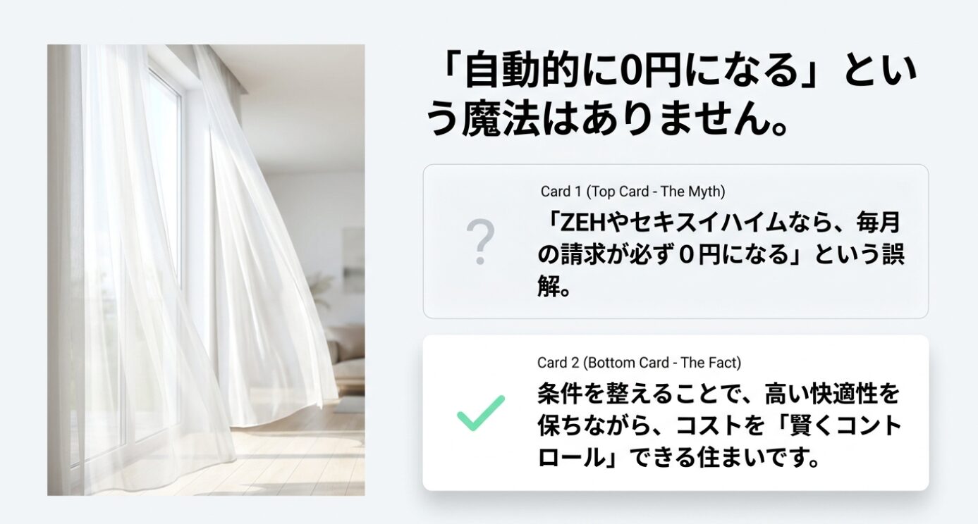 画像タイトル: 自動的に電気代0円になるわけではないことを示すスライド 代替テキスト: ZEHやセキスイハイムなら毎月の請求が必ず0円になるという誤解に対し、条件を整えることで快適性を保ちながらコストを賢くコントロールできることを示したスライド