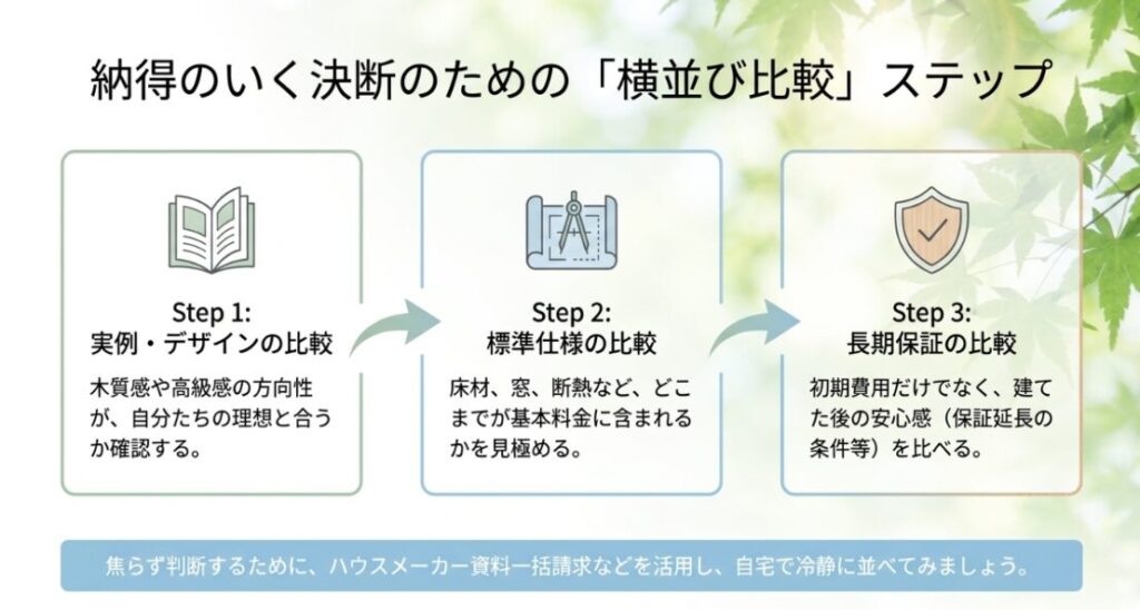 画像タイトル: 納得できる判断のために横並び比較する3つの手順
代替テキスト: 実例やデザイン、標準仕様、長期保証を3ステップで横並び比較し、焦らず判断する流れを示したスライド