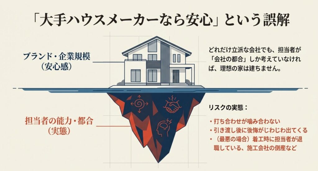 画像タイトル: ハウスメーカー選びのリスクと実態:氷山の図解
代替テキスト(Alt): 家づくりのリスクを示す氷山の図解。水面上の「ブランド・企業規模(安心感)」に対し、水面下の「担当者の能力・都合(実態)」がプロジェクトの成否を分けることを示している。