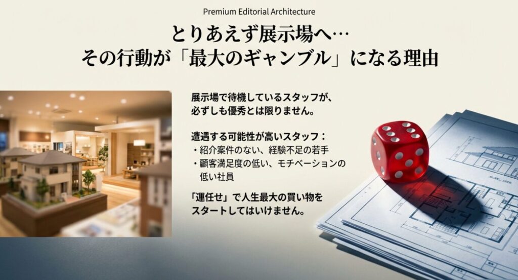画像タイトル: 住宅展示場訪問の落とし穴
代替テキスト(Alt): 住宅展示場の模型と内観イメージ。とりあえず展示場へ行く行動が家づくりにおけるギャンブルになる可能性を示唆するスライド。