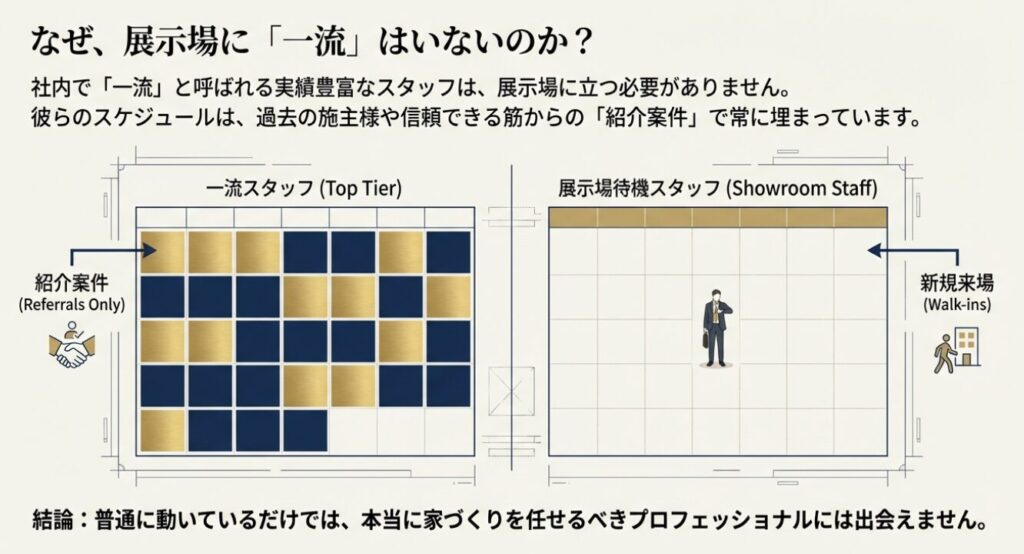 画像タイトル: なぜ展示場に一流の営業マンはいないのか
代替テキスト(Alt): 一流スタッフと展示場待機スタッフのスケジュール比較図。一流スタッフ(Top Tier)は紹介案件で埋まっており、展示場には新規客待ちのスタッフしかいない仕組みを解説。
